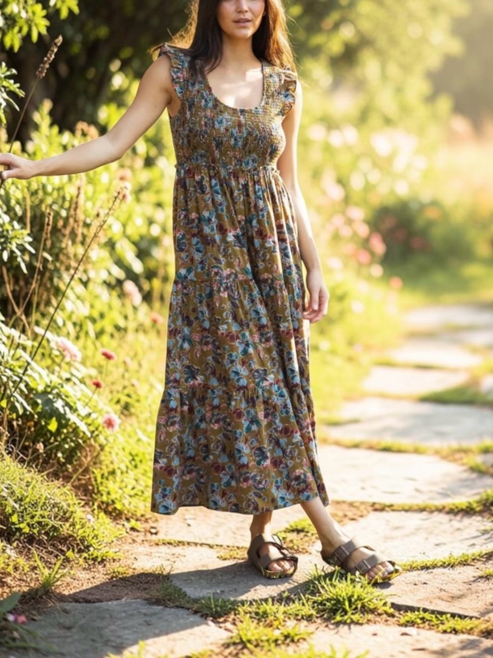 NATURAL LIFE Olivia Olive Floral Smocked Midi Dress Size Medium